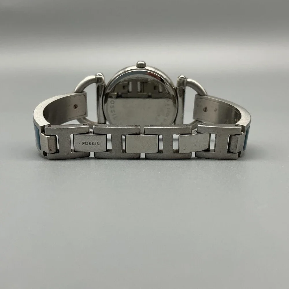 Fossil ES-2471 Womens Watch 30mm Silver Tone Blue Inlay Bangle New Battery 6.5
